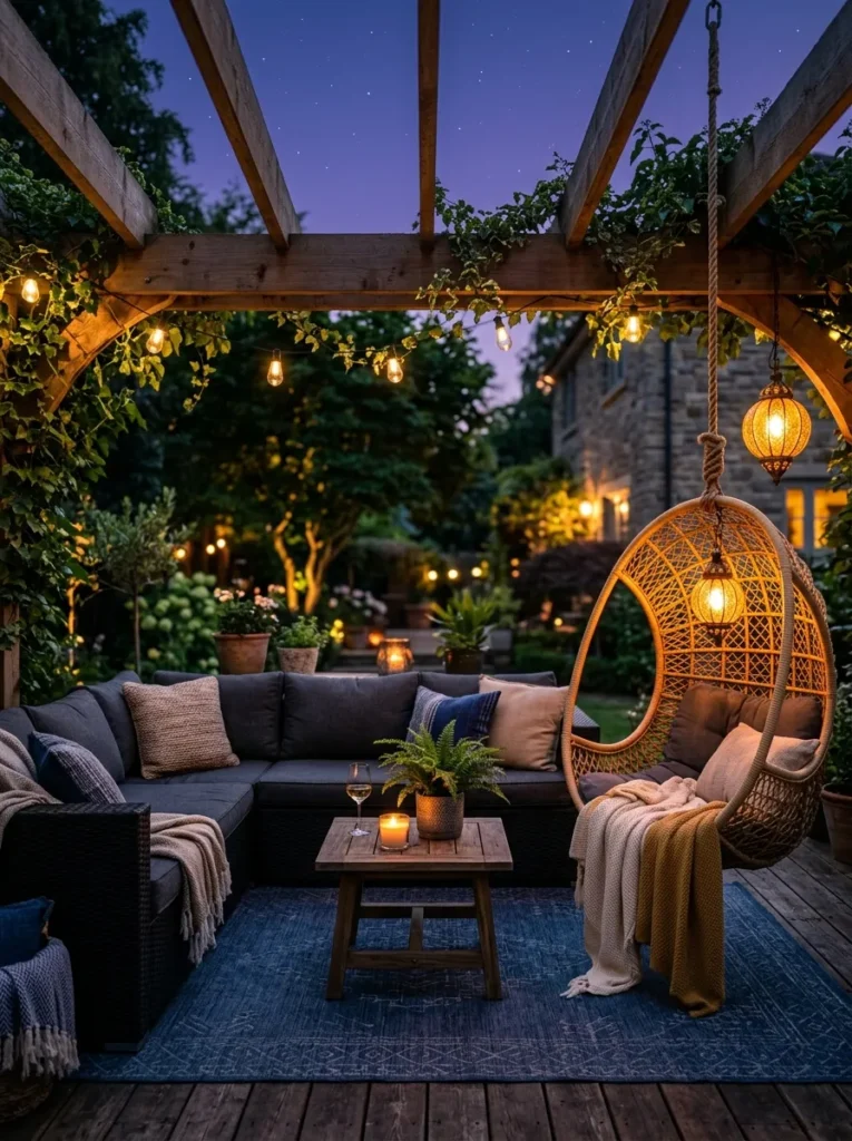"Black rattan sofa and hanging egg chair on a dark boho patio lounge"