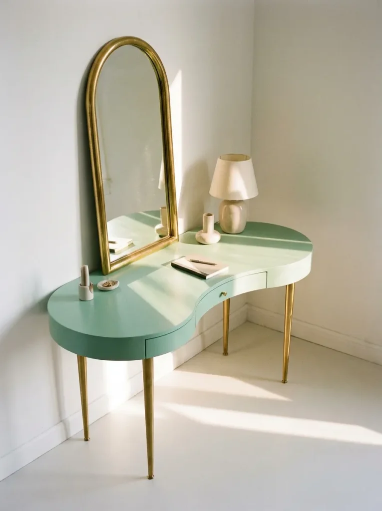 Mint-green kidney-shaped vanity desk with tapered brass legs tucked into a room corner