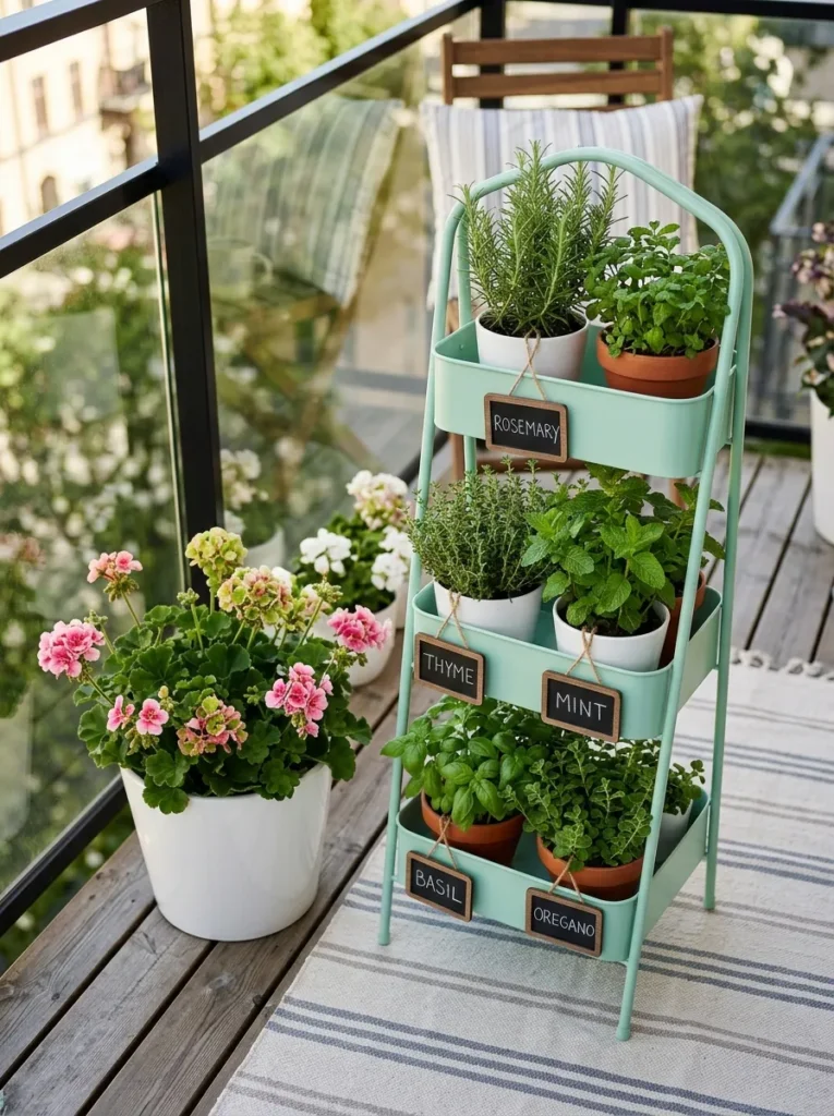 "Tiered herb garden balcony corner with mint, basil, and thyme"