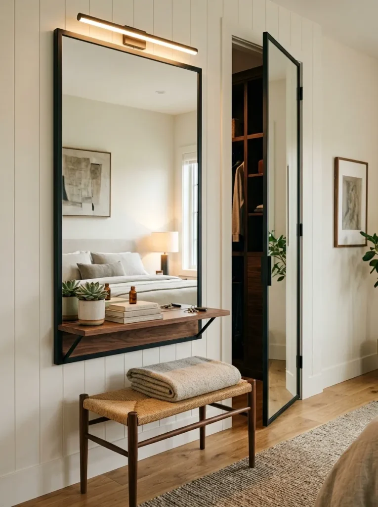 Walnut shelf mounted below a full-length mirrored closet door with a warm LED bar above