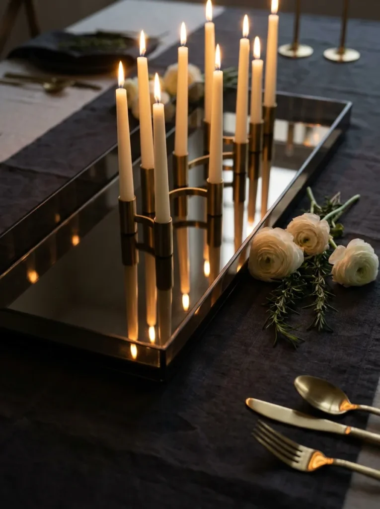 Smoked-glass mirrored tray with staggered ivory taper candles and ranunculus