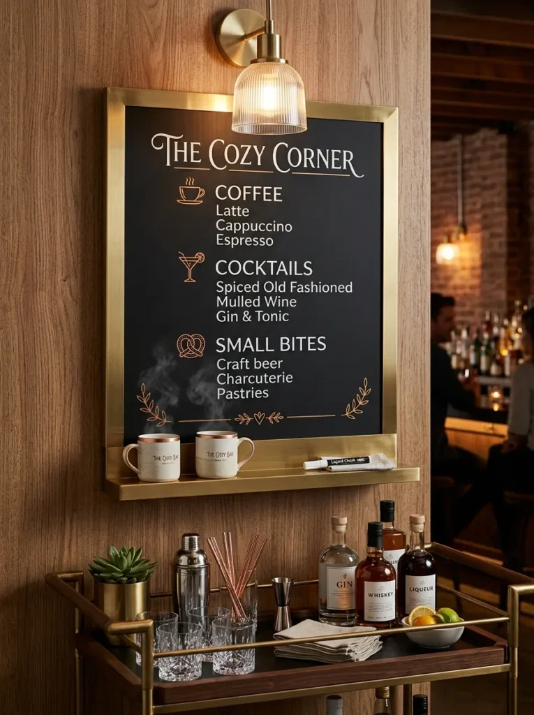 Brushed-brass framed menu chalkboard with a drink list above a bar cart