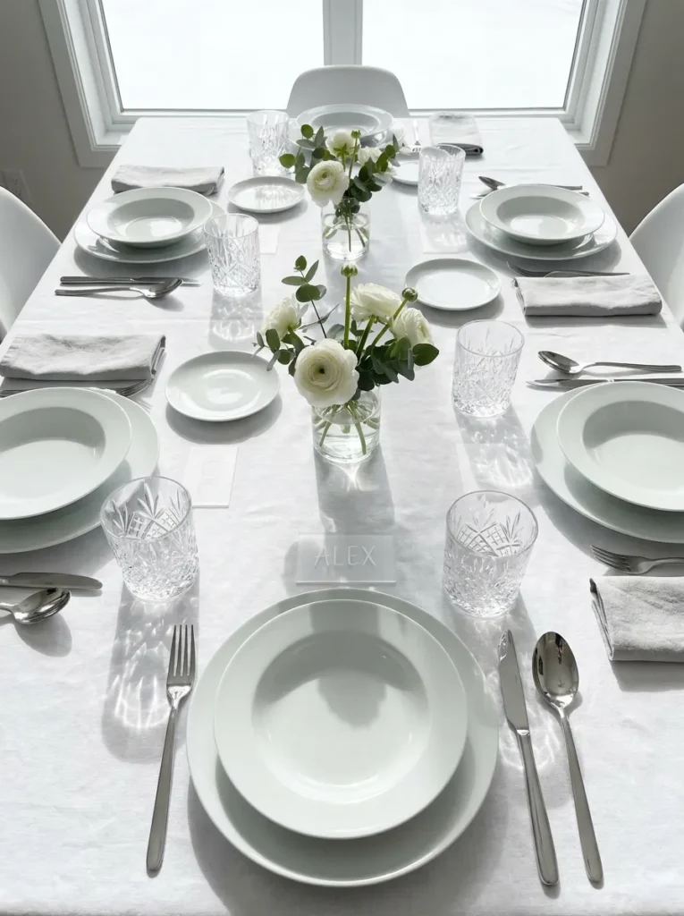 All-white table setting with faceted crystal tumblers and frosted acrylic place cards