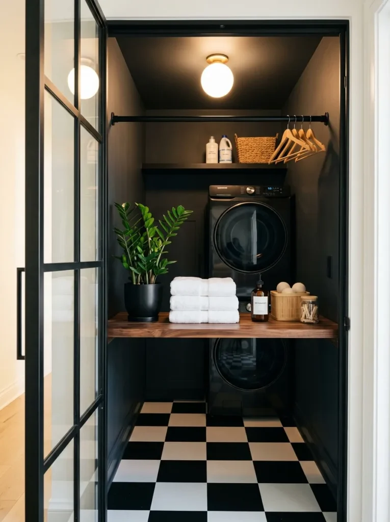 Charcoal closet laundry nook with checkerboard vinyl floor and a steel-framed glass door