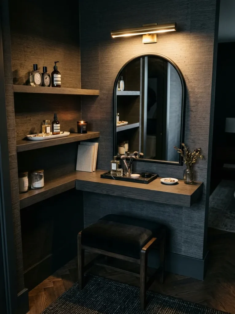 Charcoal corner vanity nook with an arched black mirror and brass picture light