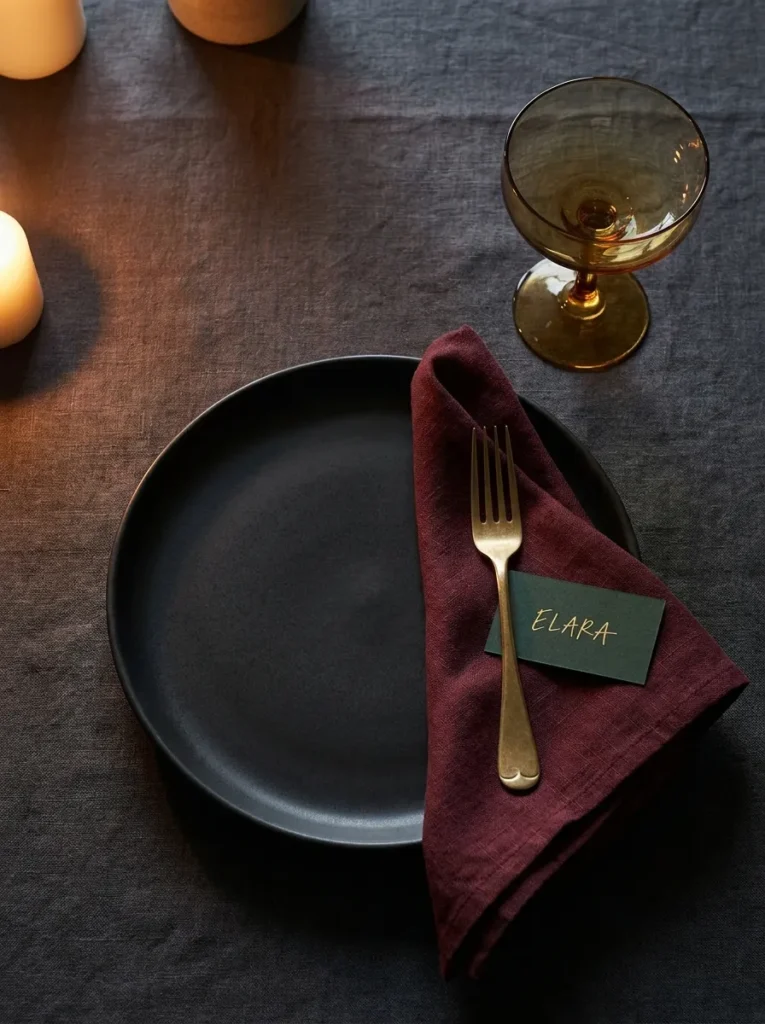 Matte black place setting with amber coupe glass and brass flatware on burgundy napkin