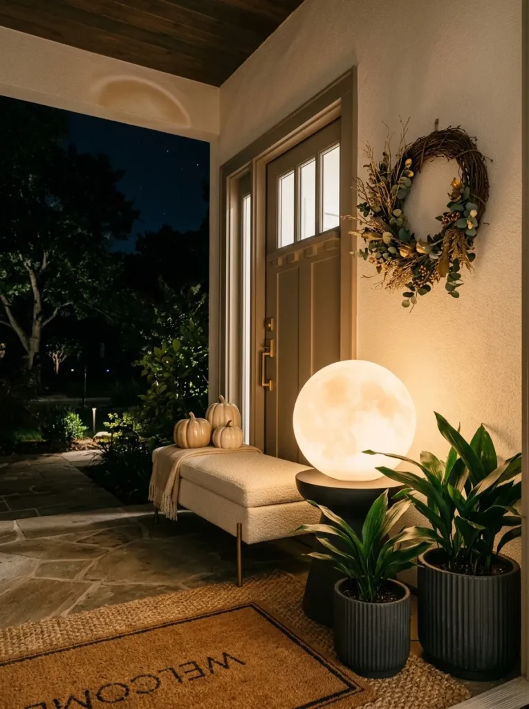 "Frosted moon globe glowing beside a warm greige front door"
