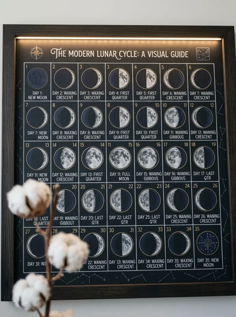 Graphite chalkboard moon-phase grid lit by a raking picture light