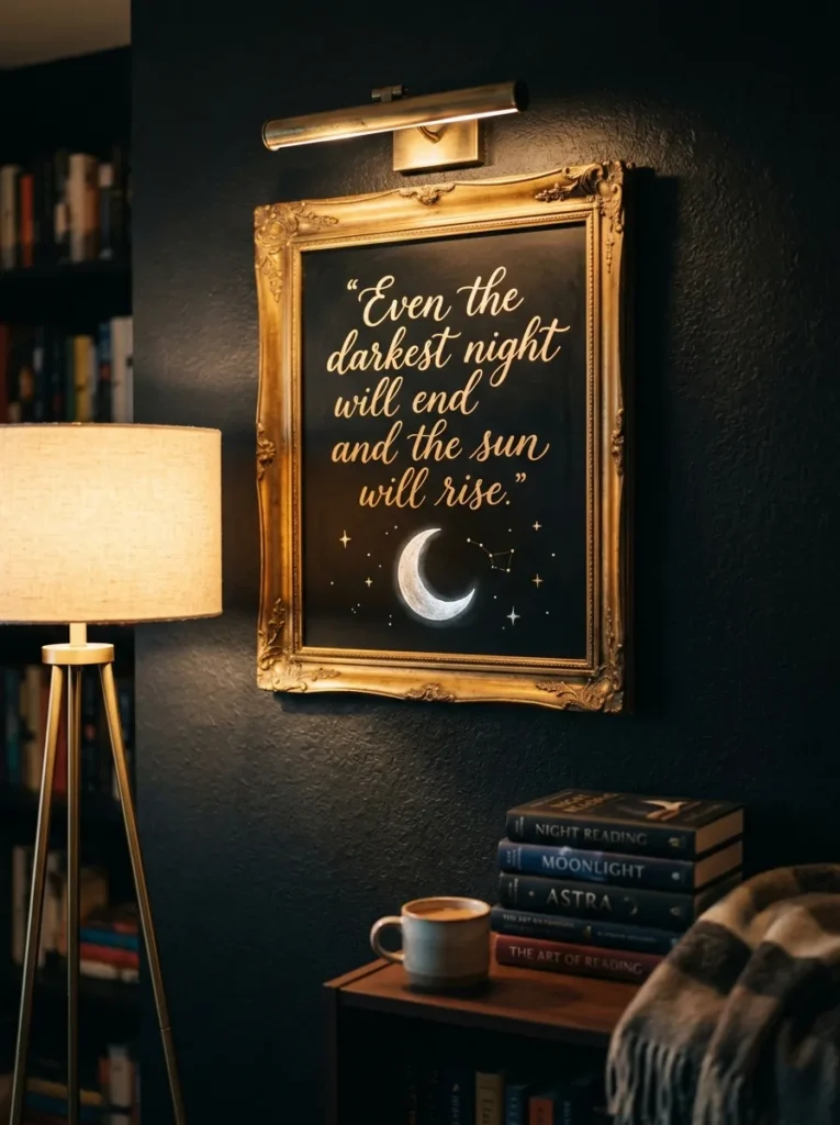  Antique-brass framed chalkboard with a picture light above a crescent moon and quote
