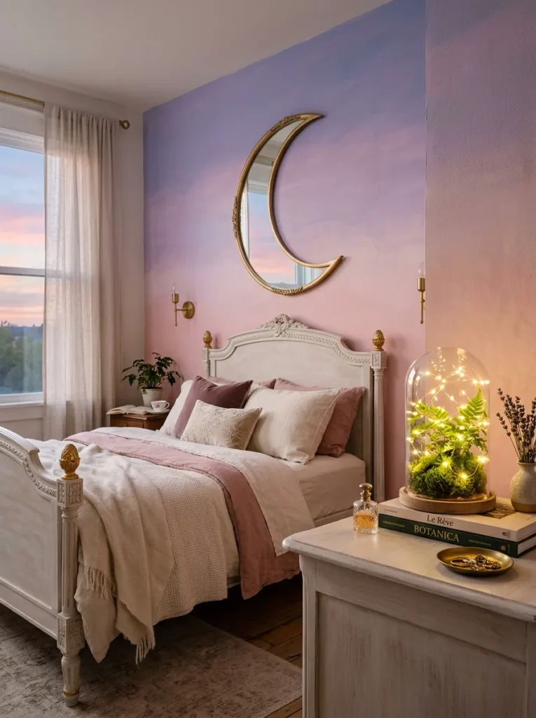 "Ombré pink-to-lavender mural with moss glass cloche on a dresser"