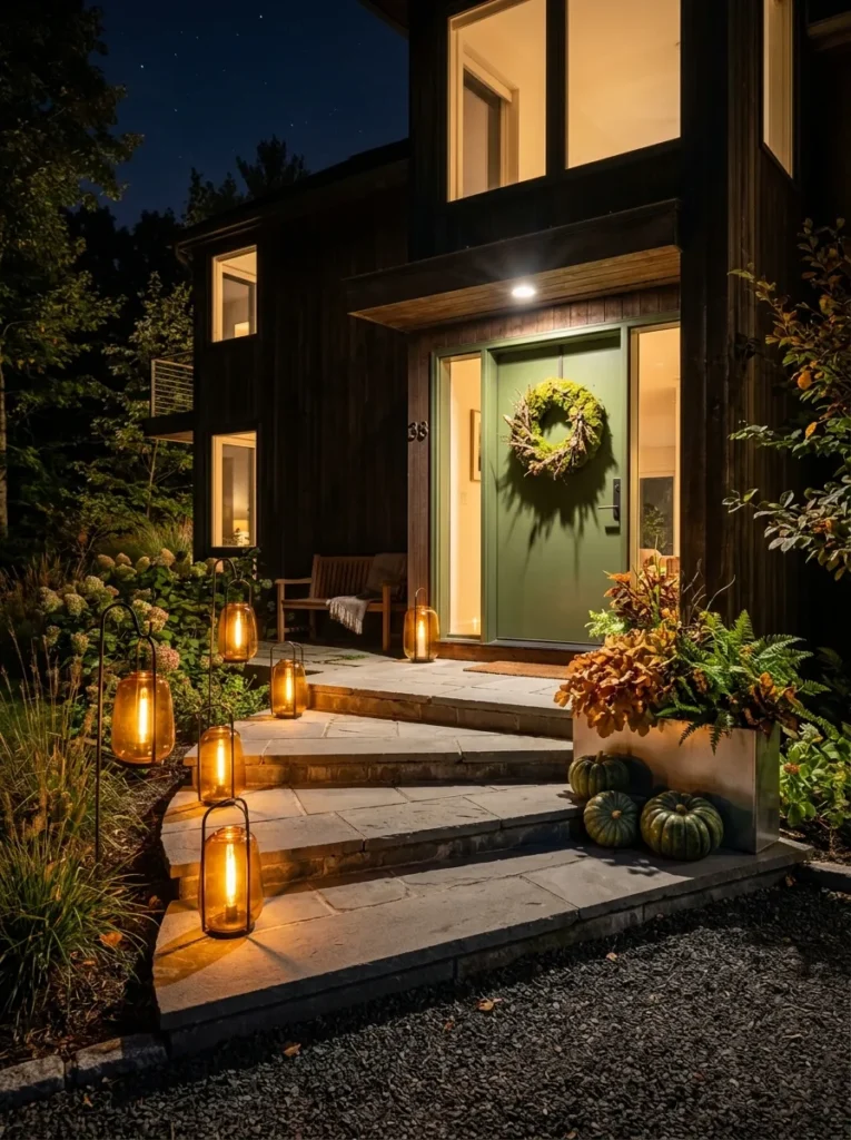 "Amber glass lanterns lighting steps to a moss-green door"