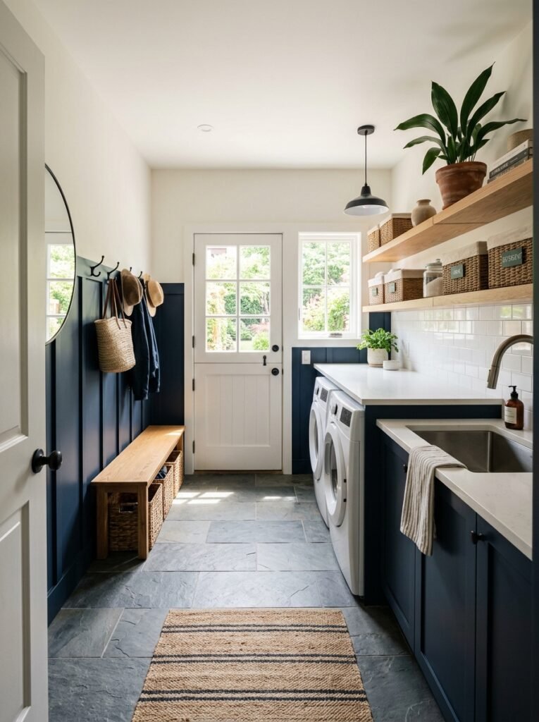 Navy mudroom laundry combo with a stainless utility sink and slate flooring