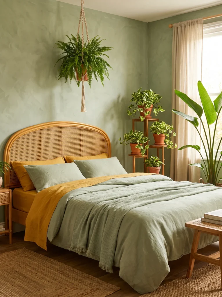  Sage bedroom with mustard bedding and a Boston fern hanging in a macrame sling