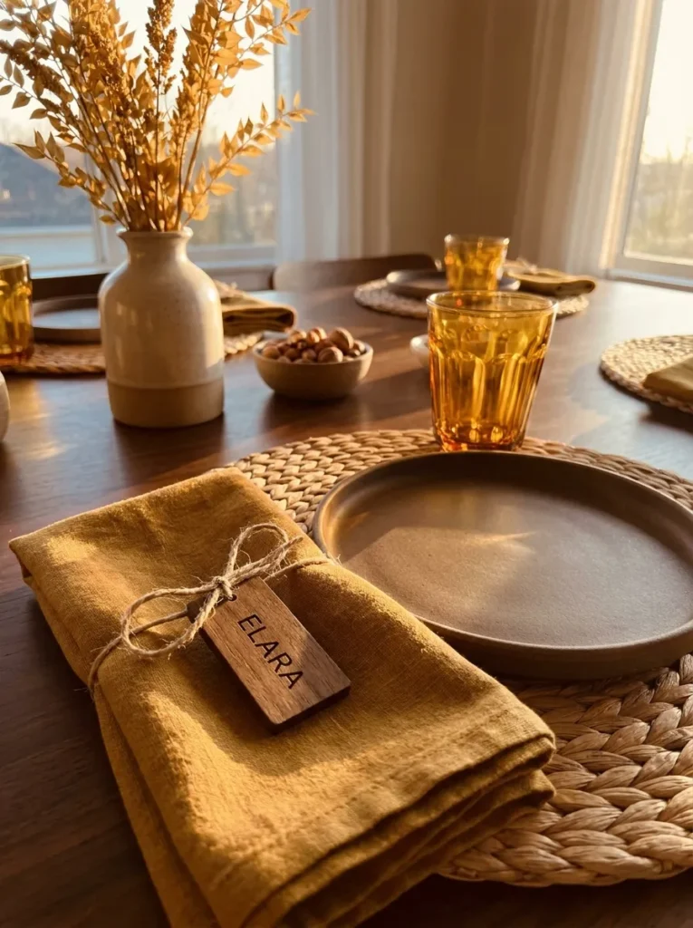 Mustard linen table with walnut stoneware plates and faceted amber tumblers