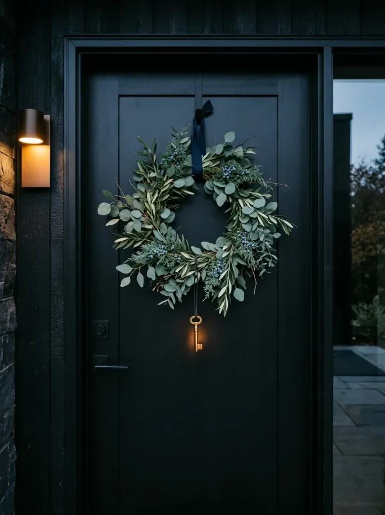 Navy juniper winter wreath with a brass skeleton key charm on a black front door.