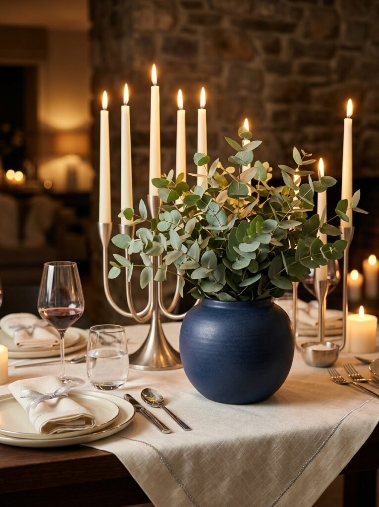 Navy ceramic urn with silver eucalyptus layered in front of a silver candelabra