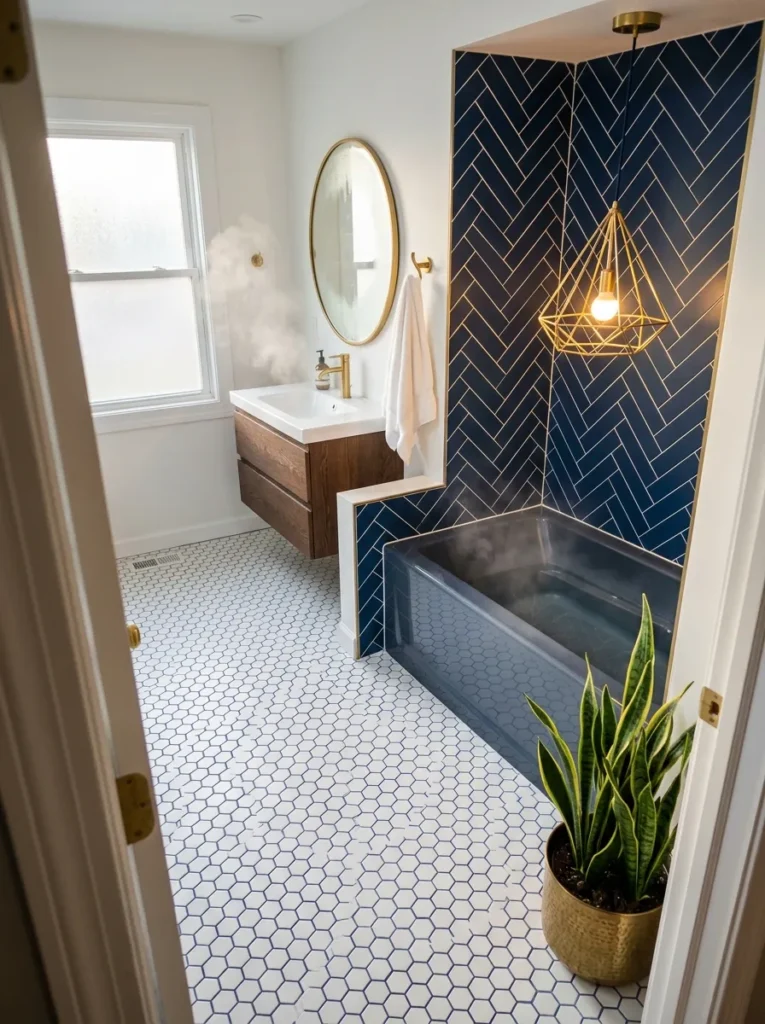 Navy herringbone-tiled bathroom with a brass pendant over a step-down tub