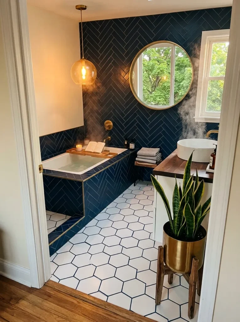 Navy herringbone-tiled bathroom with a brass pendant over a step-down tub