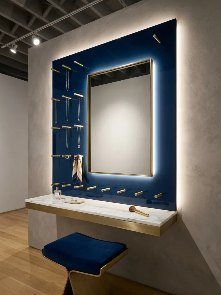  Ink-navy pegboard vanity with brass pegs, hooks, and a rectangular mirror