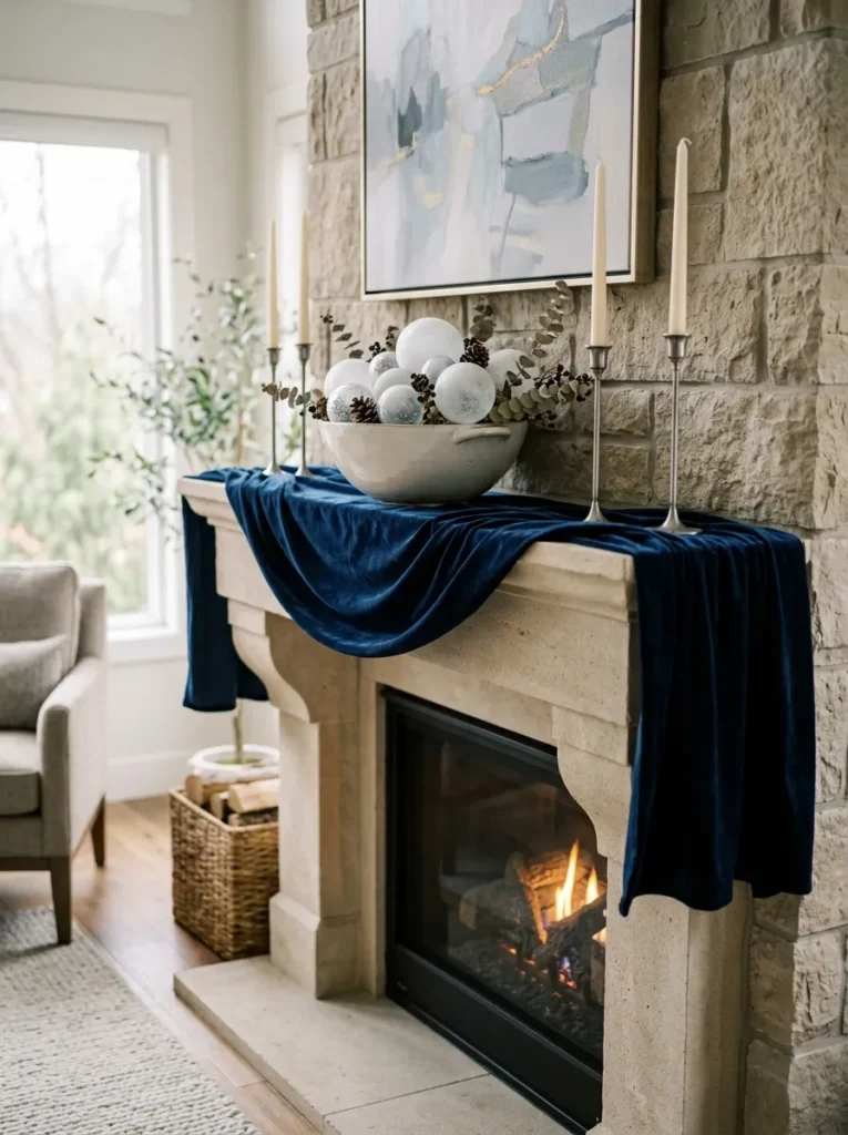  Navy velvet runner cascading over a mantel edge with frosted glass spheres and pewter candlesticks