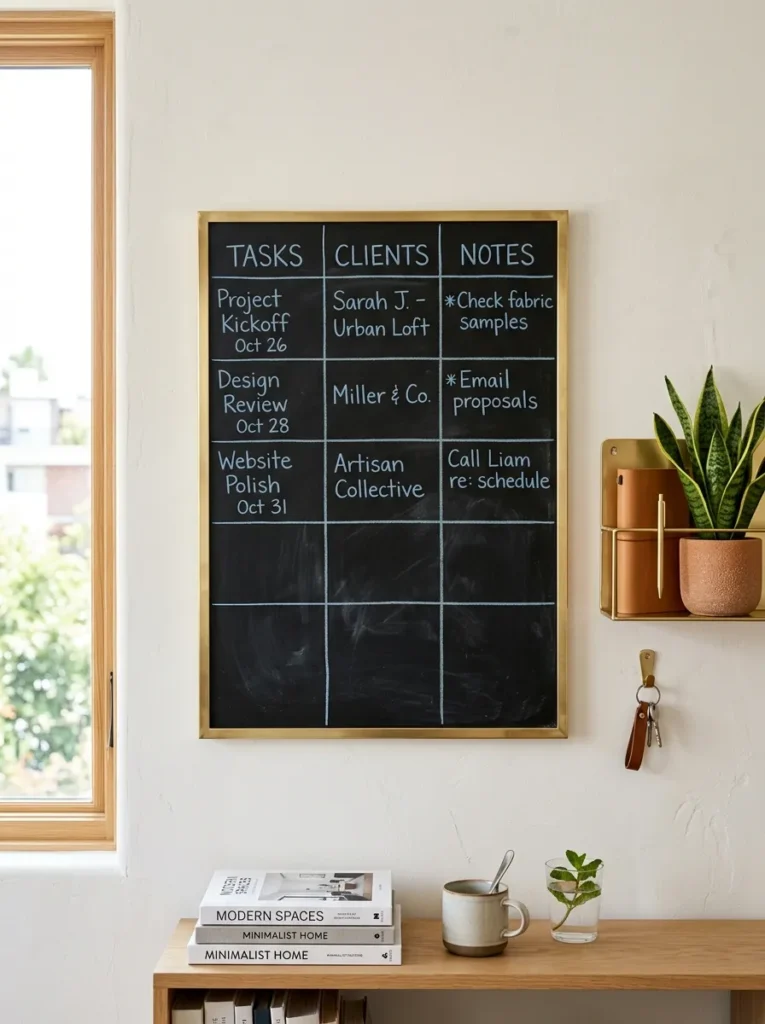 Brass-framed chalkboard goal grid labeled Try, Learn, Let Go in dusty-blue marker