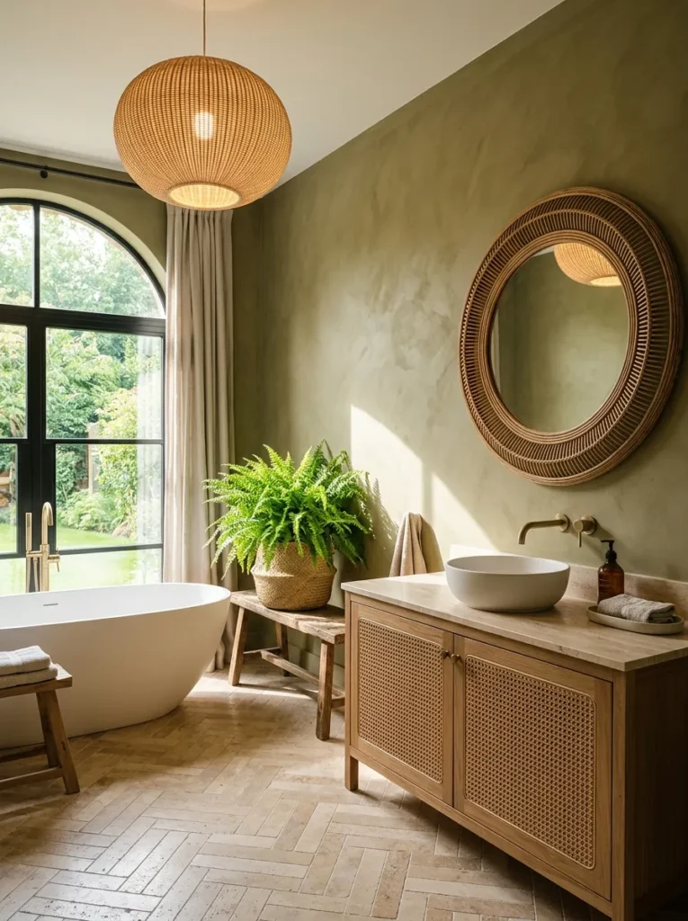 Olive limewash plaster walls with a rattan-framed mirror above a rattan-fronted vanity