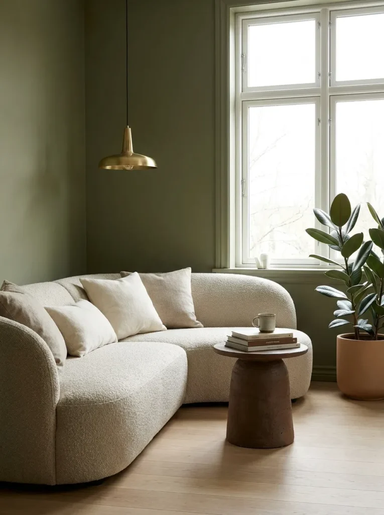 Matte olive living room corner with an oat bouclé sectional and hand-thrown umber clay table