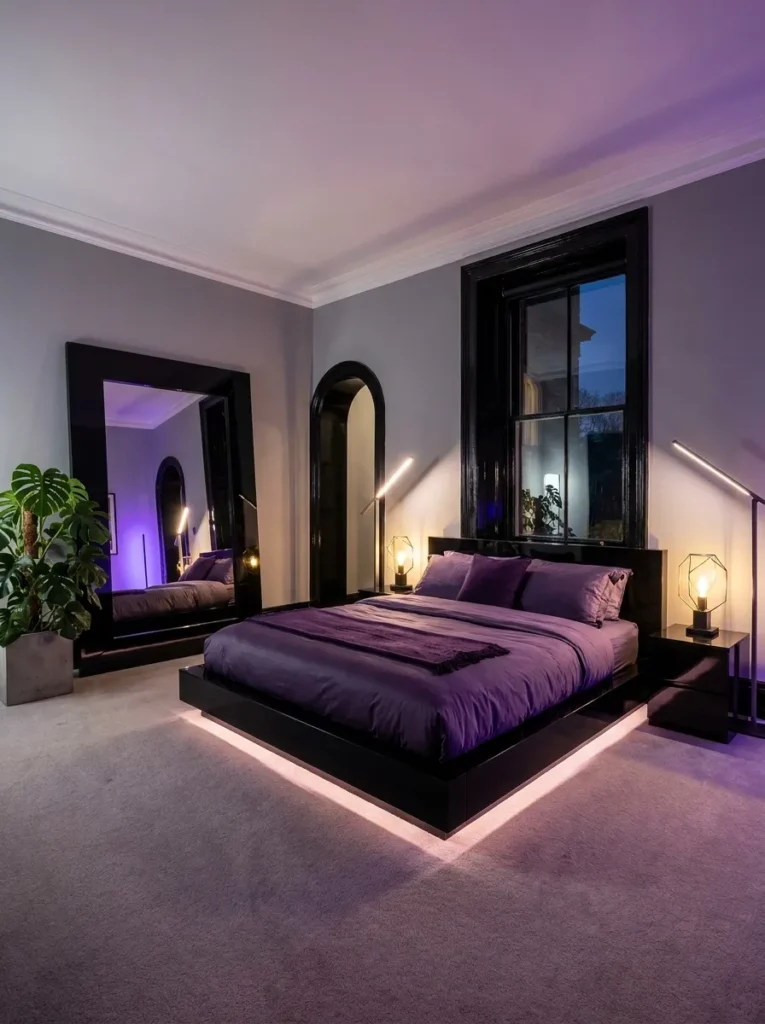 Dove-gray bedroom with glossy onyx trim and a deep violet sateen duvet