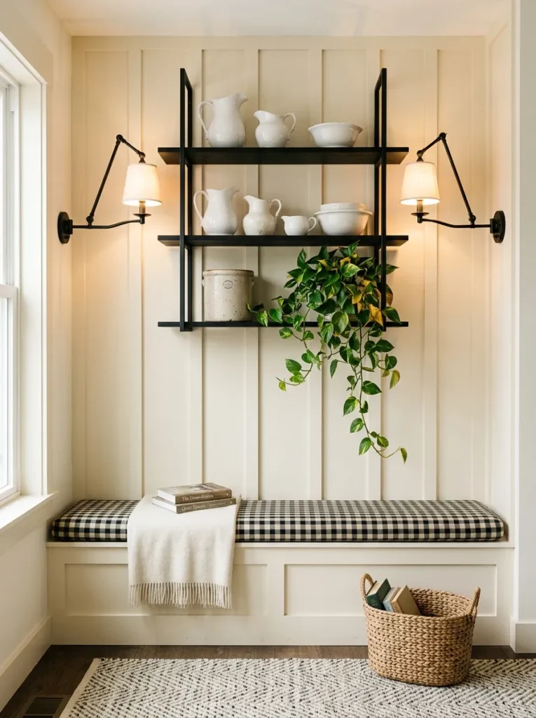 Farmhouse living room open shelving styled with white ironstone and black brackets