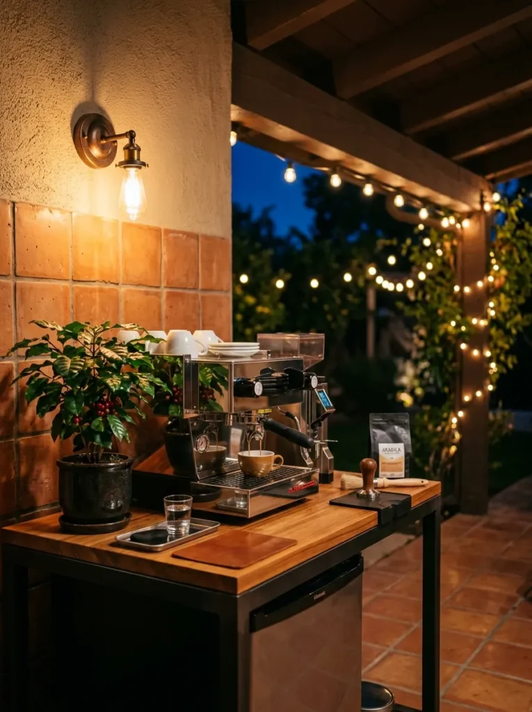 Teak-and-steel outdoor coffee station with a plumbed espresso machine under a covered patio