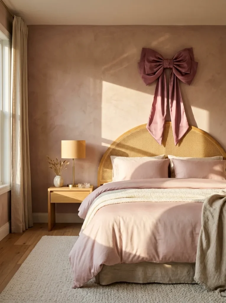 "Oversized silk bow above a cane bed frame in a dusty rose coquette bedroom"