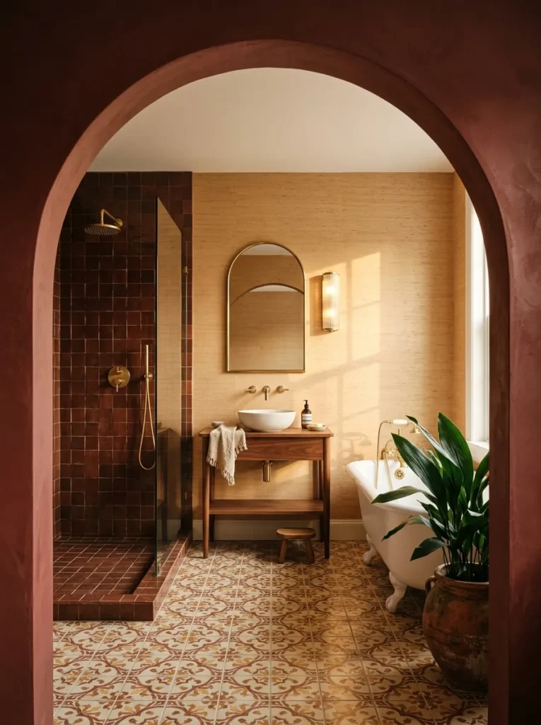 Curved oxblood plaster archway leading into a tiled shower beside a grasscloth wall
