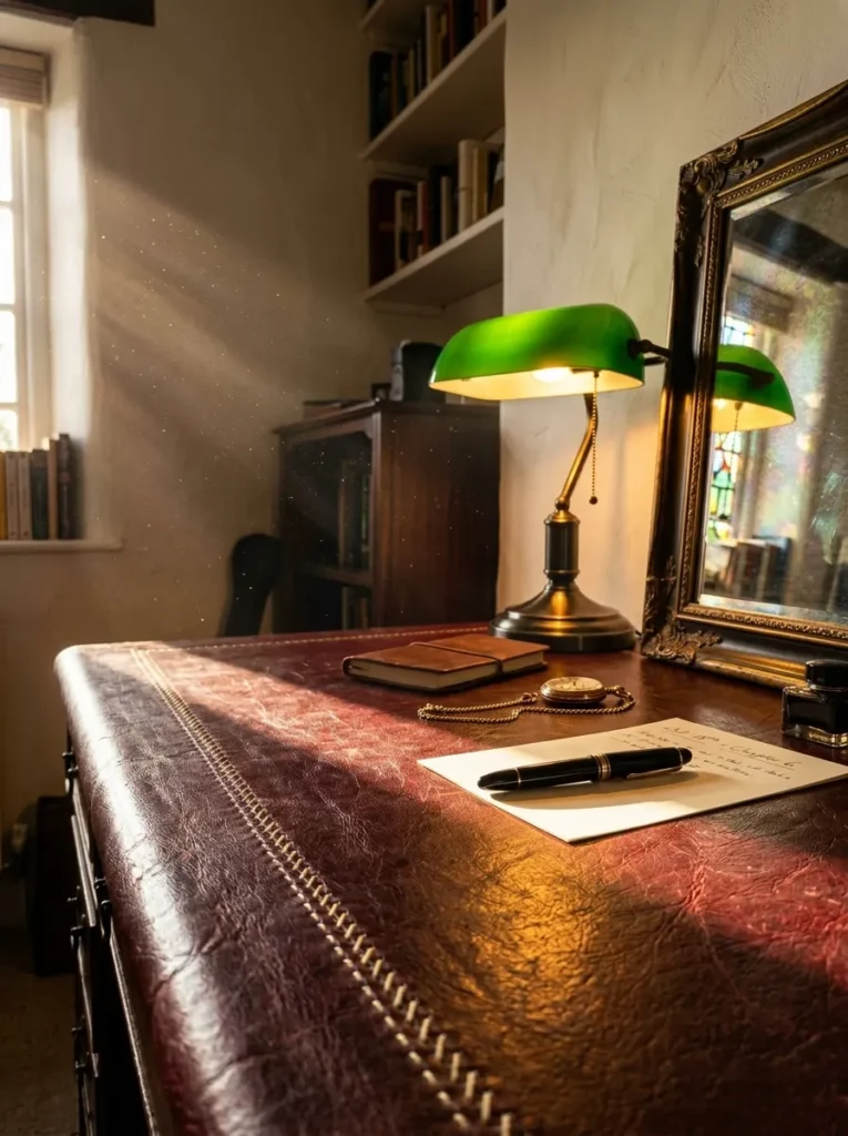 Oxblood leather-wrapped desk with saddle-stitched edges and a green banker's lamp