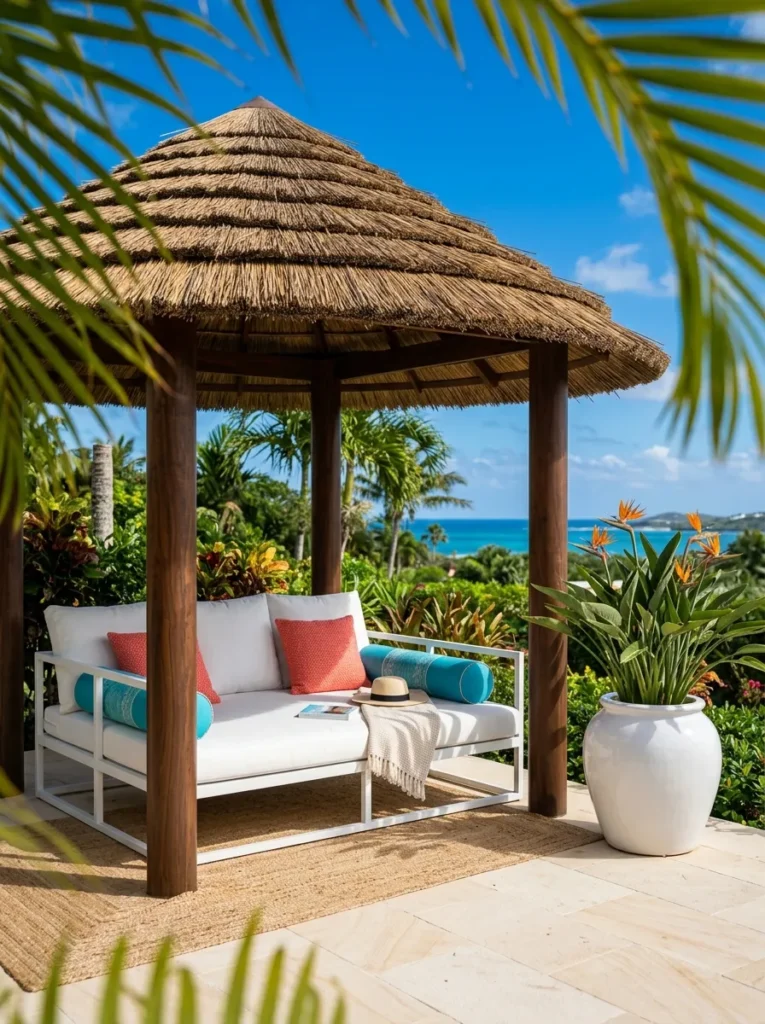 "Round synthetic thatch palapa with white daybed"