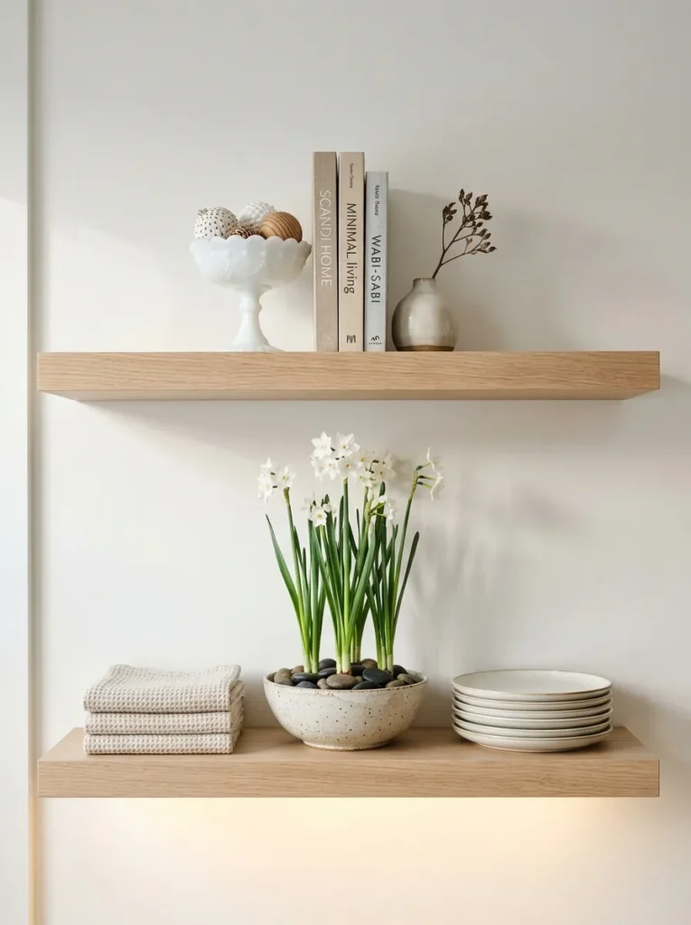Floating white oak shelves with blooming paperwhites in a stoneware bowl