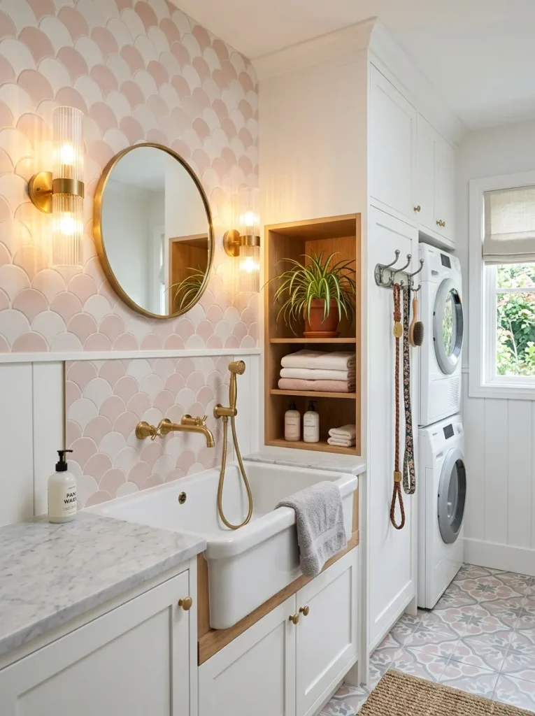 Blush pink pet-washing laundry room with scalloped tile and fluted sconces