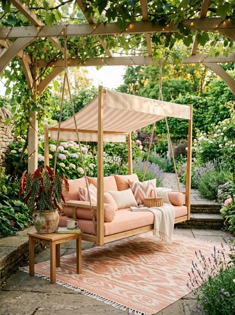 "Peach canopy swing daybed with retractable roof on a boho patio"
