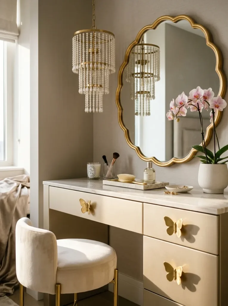 "Scalloped vanity nook with pearl-drop chandelier and butterfly hardware"