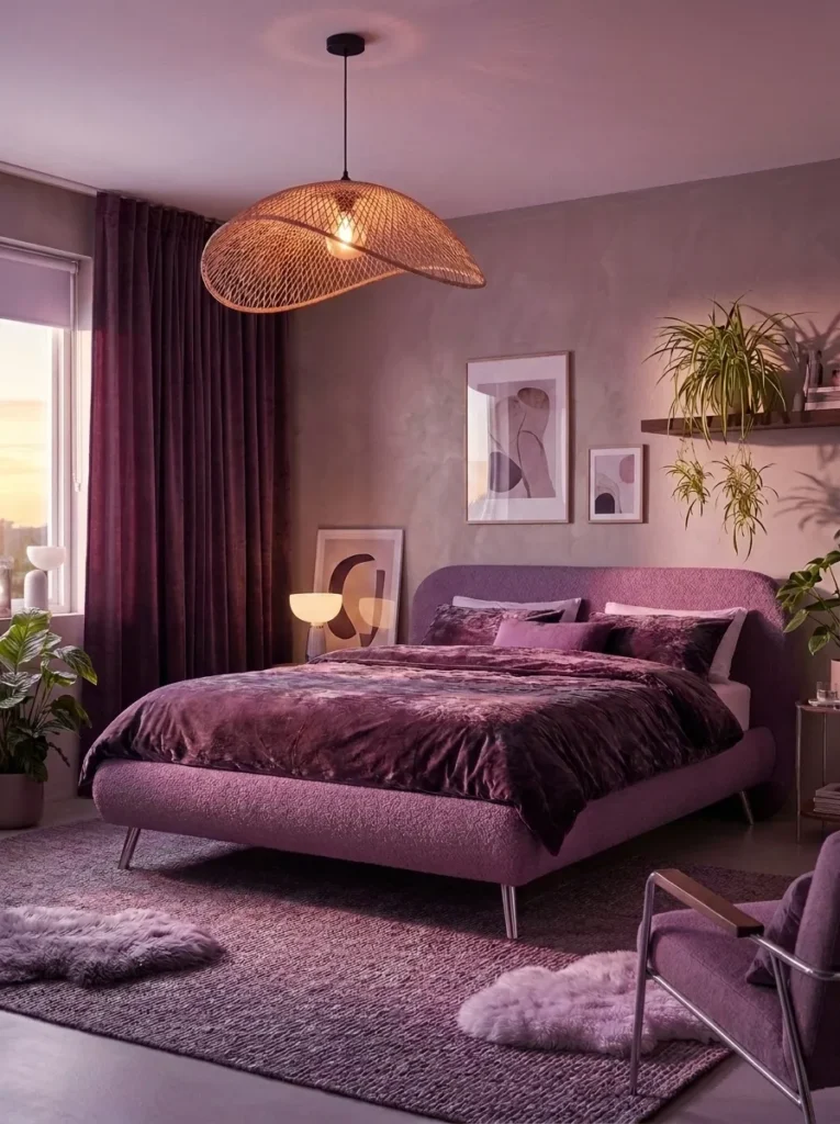 Pewter-gray bedroom with mauve velvet bedding and a warm rattan pendant light