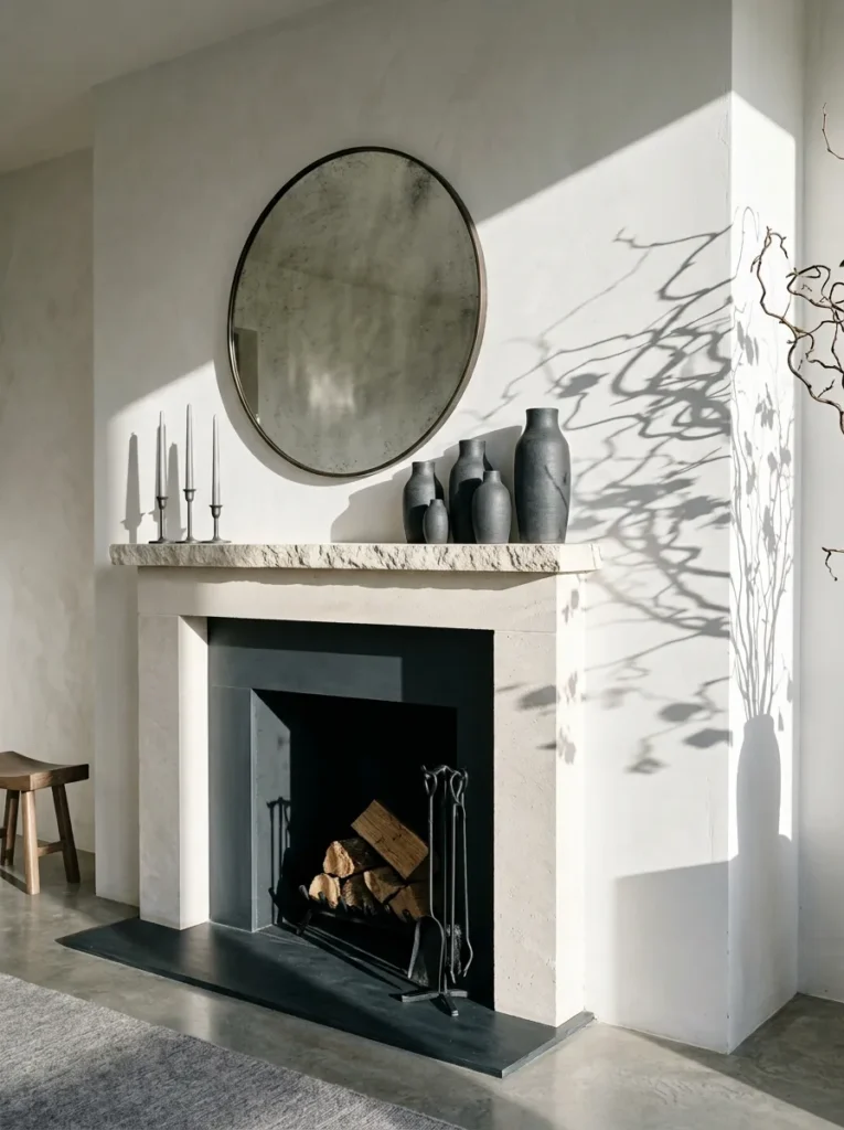 Graduated charcoal stoneware vases with bare hazel branches casting shadows on a mantel
