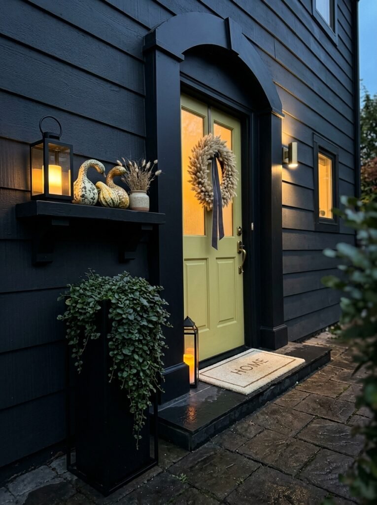 "Small porch stoop framed by a black painted arch"