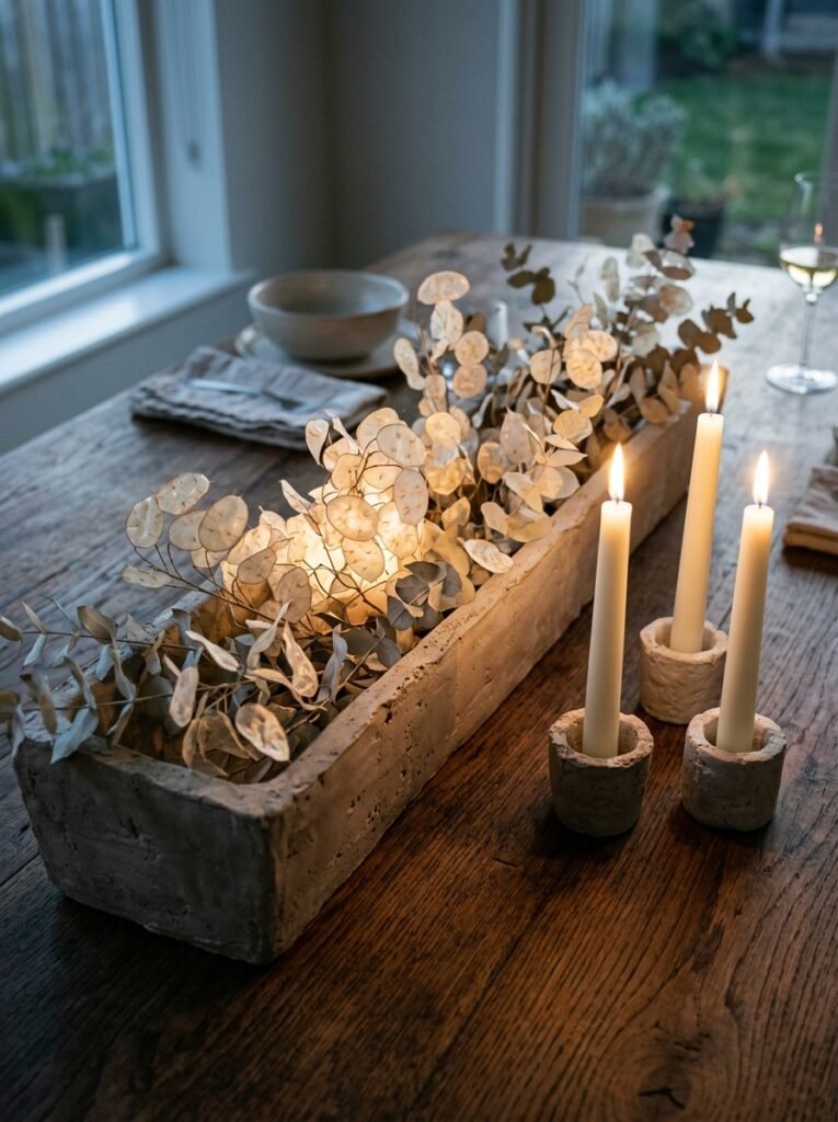 Hand-troweled plaster trough with dried lunaria and ivory candles on a bare wood table