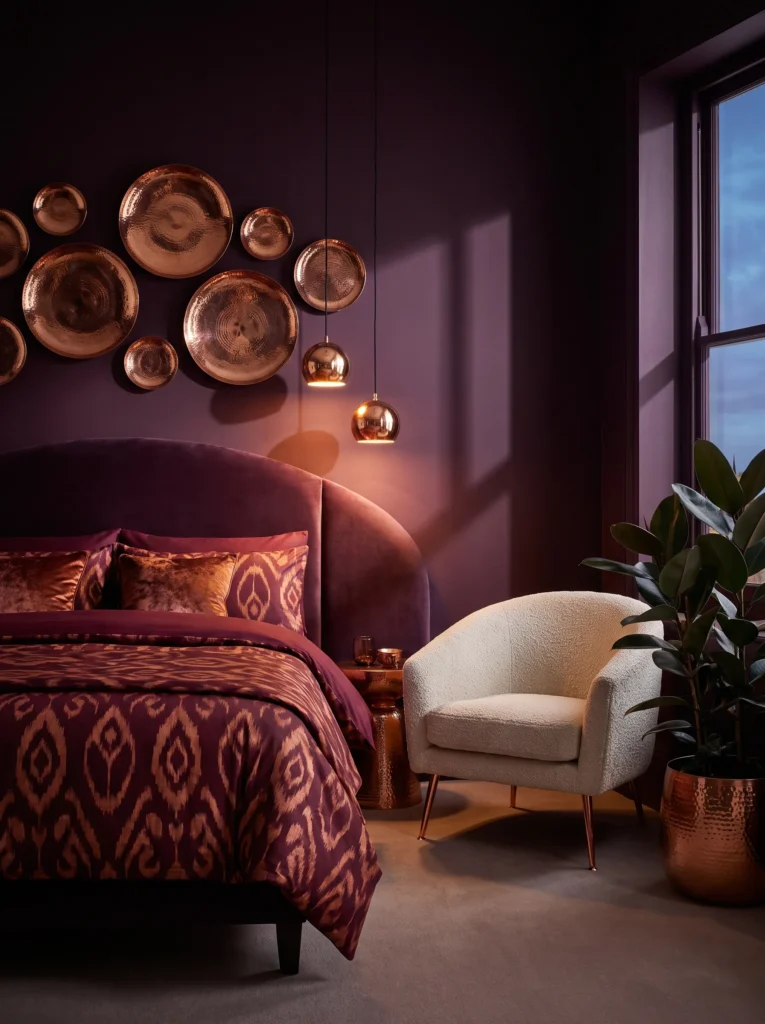  Deep plum bedroom with a hammered copper disc gallery and curved velvet headboard