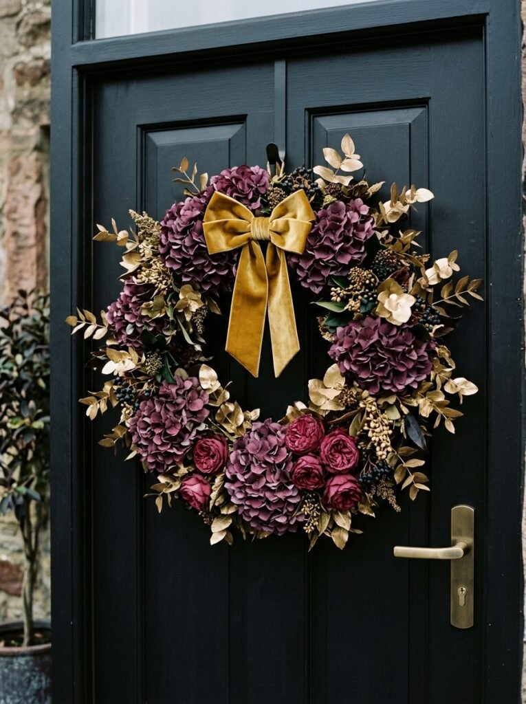 Dried plum hydrangea winter wreath with aged gold eucalyptus on a matte black front door.