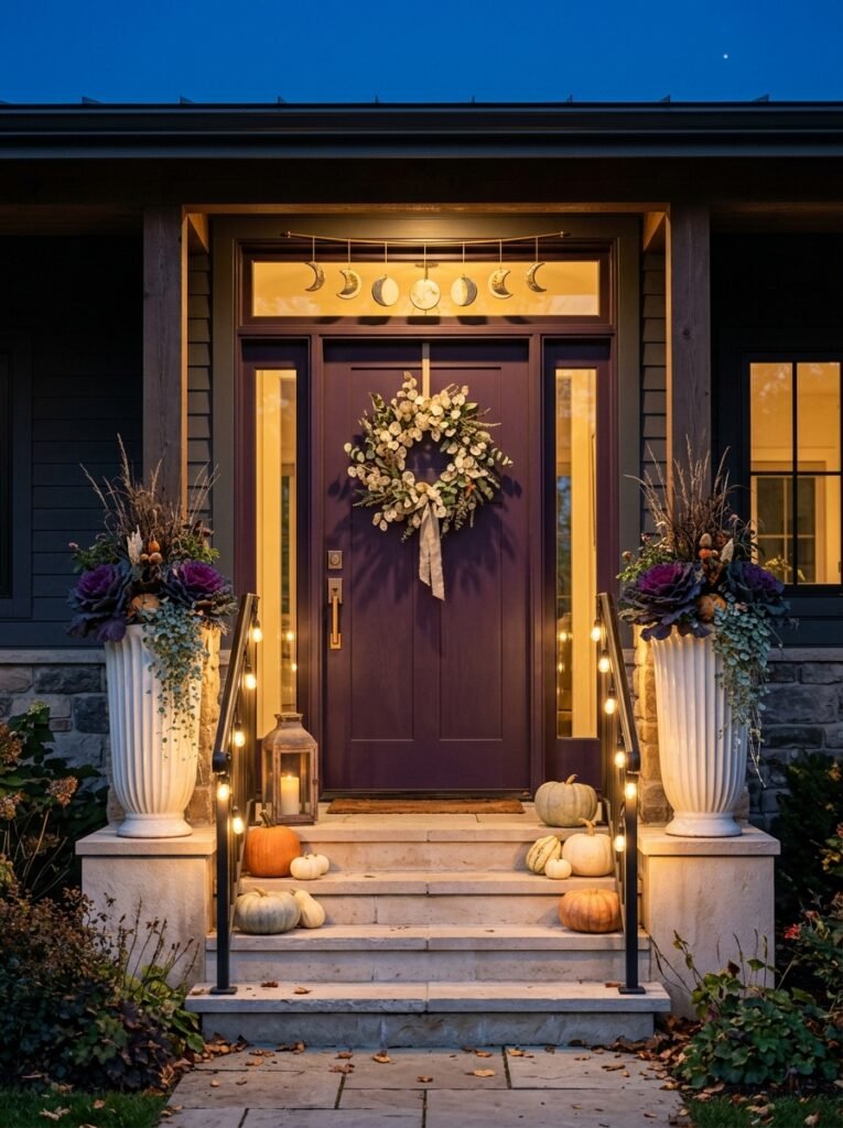 "Aubergine door with bone-white urns and moon-phase discs"