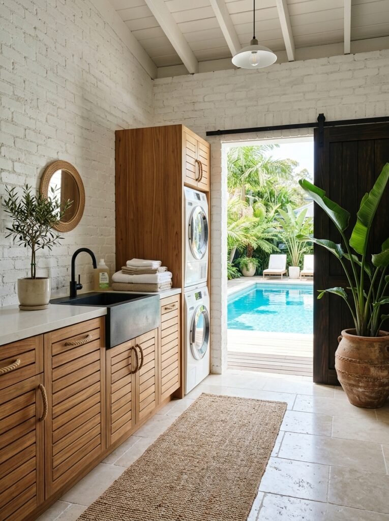 Poolhouse cabana laundry with teak cabinets and a black concrete trough sink