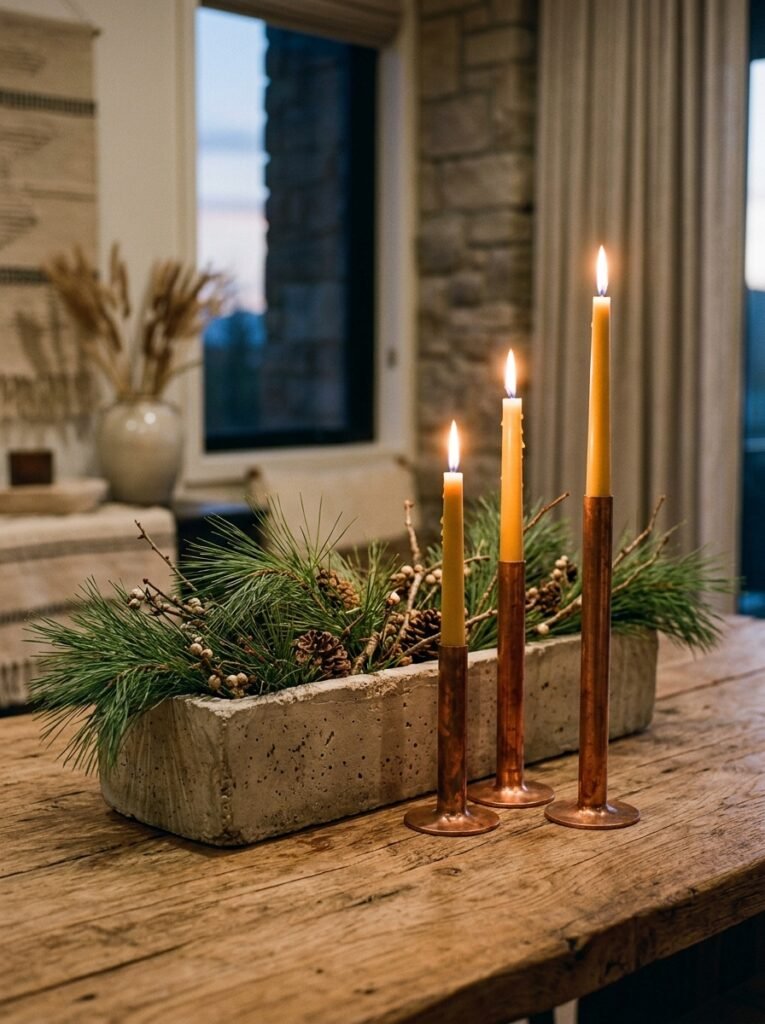 Raw concrete trough with white pine branches and unlacquered copper taper candlesticks