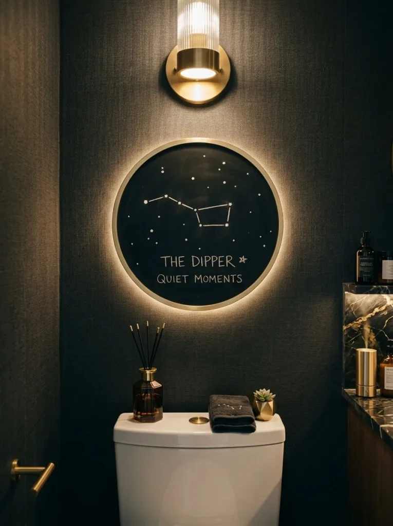 Small round chalkboard with a sparse white constellation above a powder room toilet tank