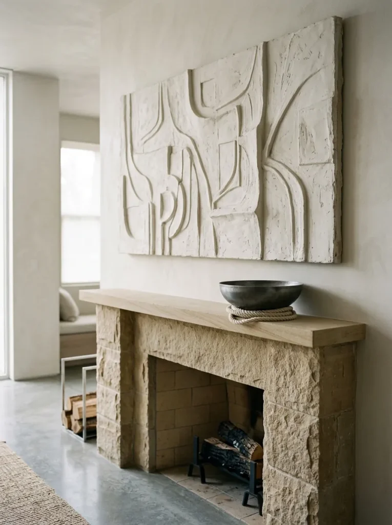 Raw plaster relief panel above a mantel with a pewter bowl and coiled linen cord