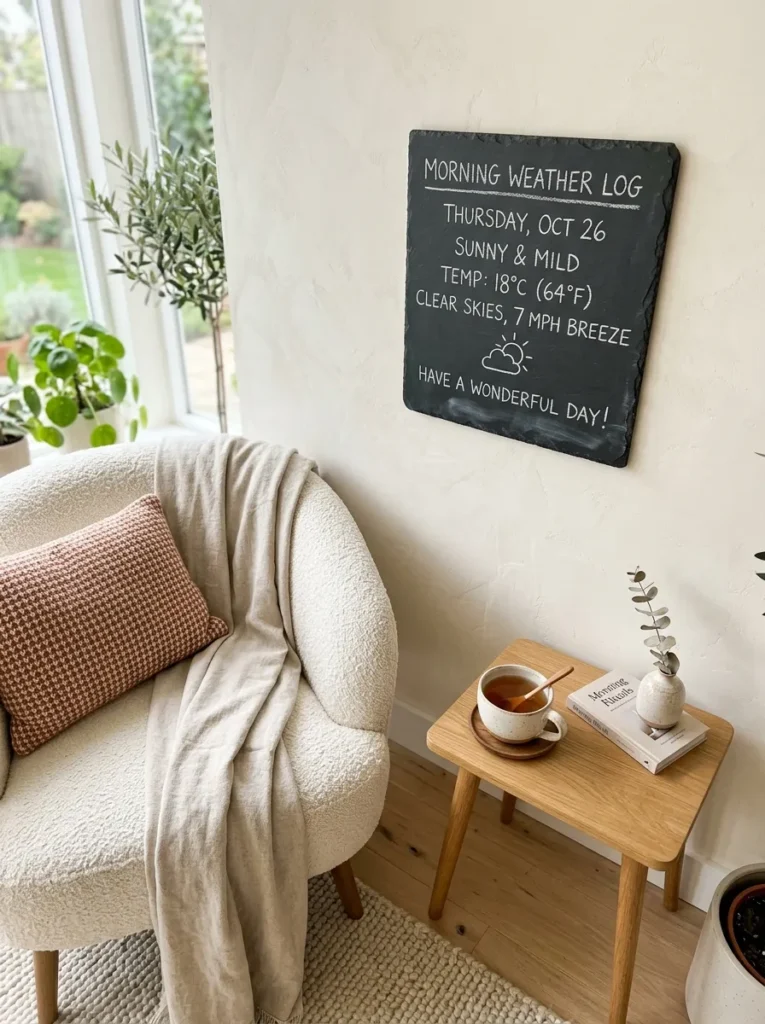 Small unframed chalkboard weather log on a plaster wall beside a bouclé armchair